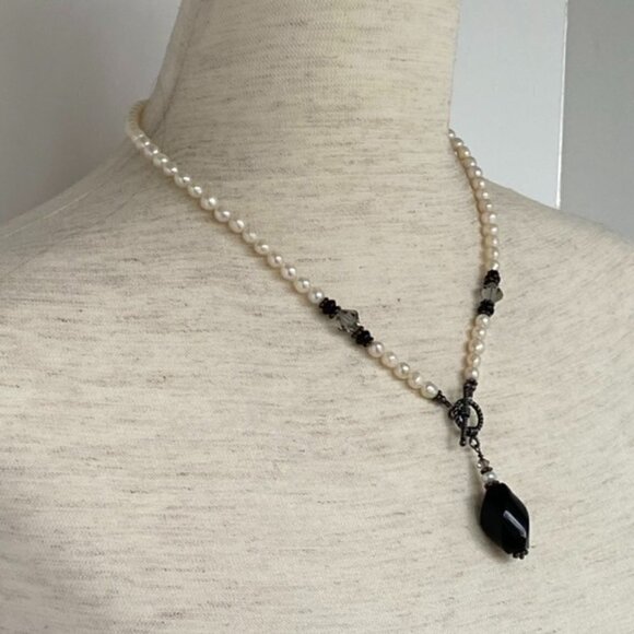 Pearl 18" Sterling Silver Front Rope Toggle Necklace Black Nephrite Jade Pendant - Picture 2 of 16